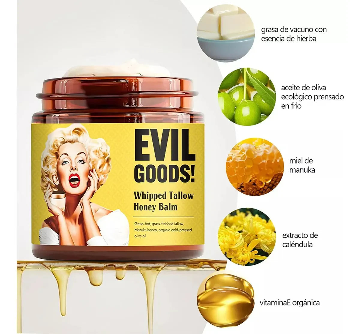 Evil Good ™ Bálsamo de Miel y Sebo de res Anti-Envejecimiento-Hidratación profunda.